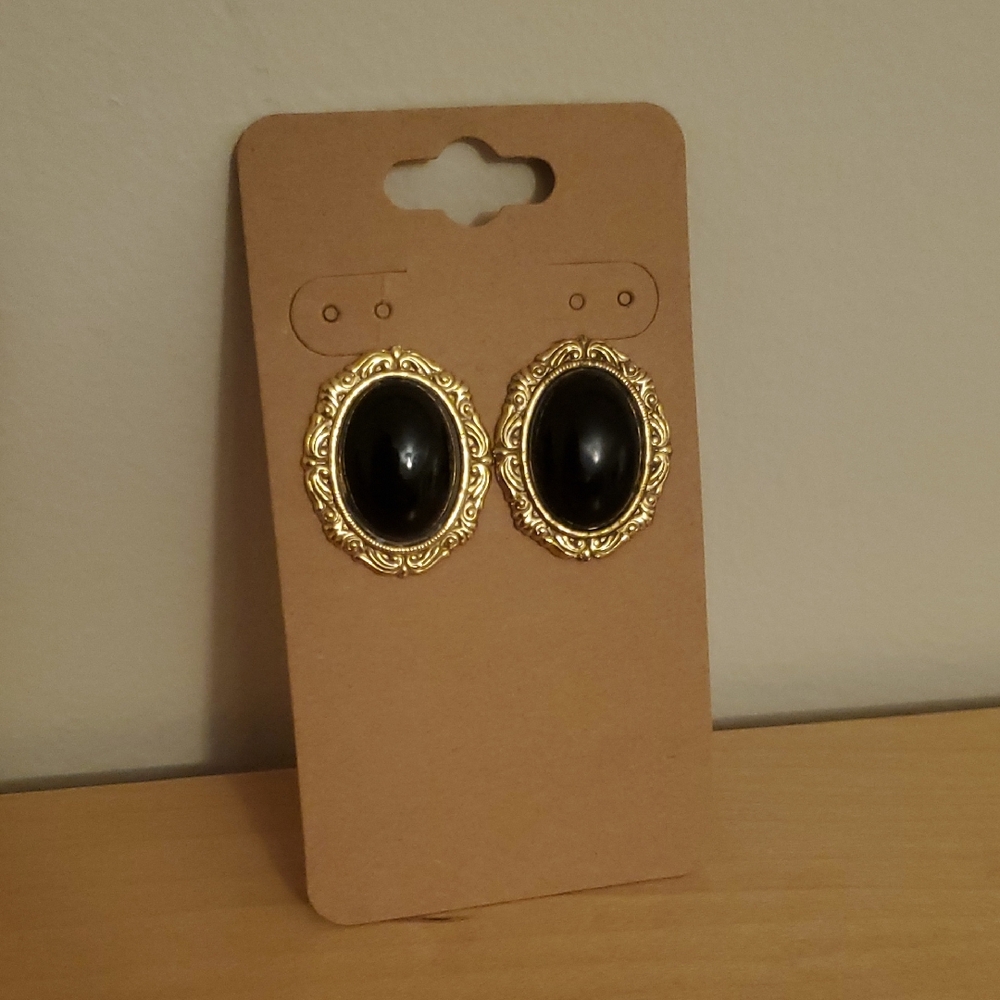 Black and Gold-tone Oval Earrings
